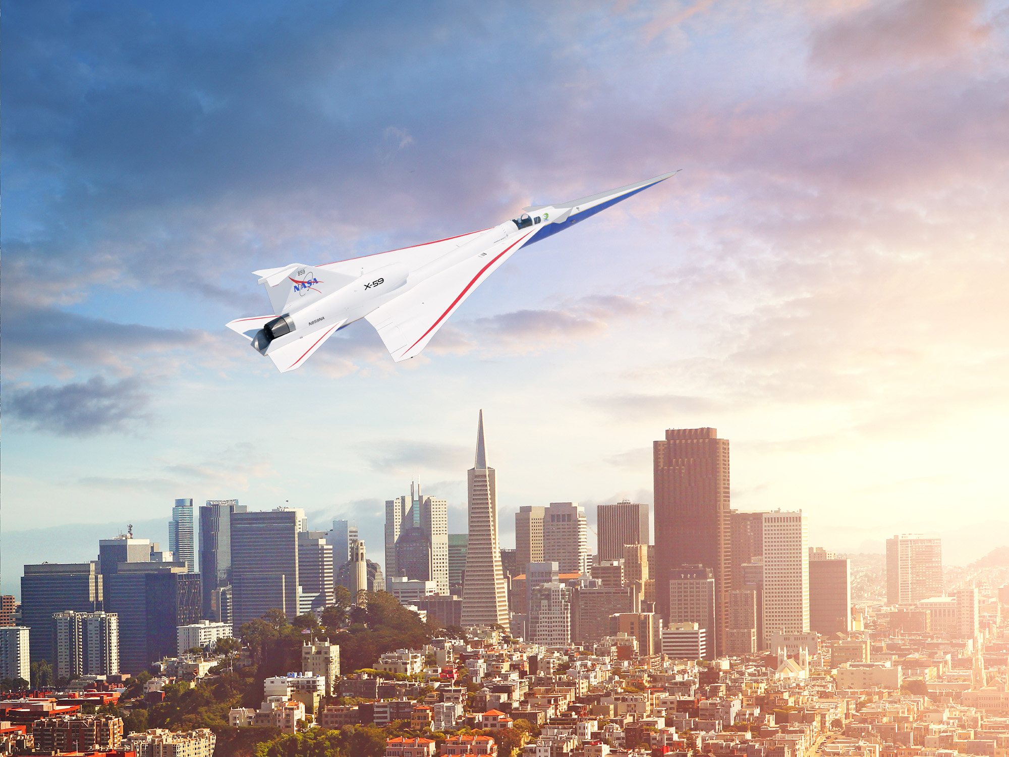 Artist concept of a Low-Boom aircraft in flight over San Francisco, CA.