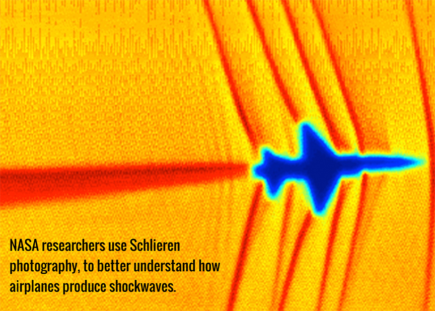 Schlieren photography showing a planes shockwaves.
