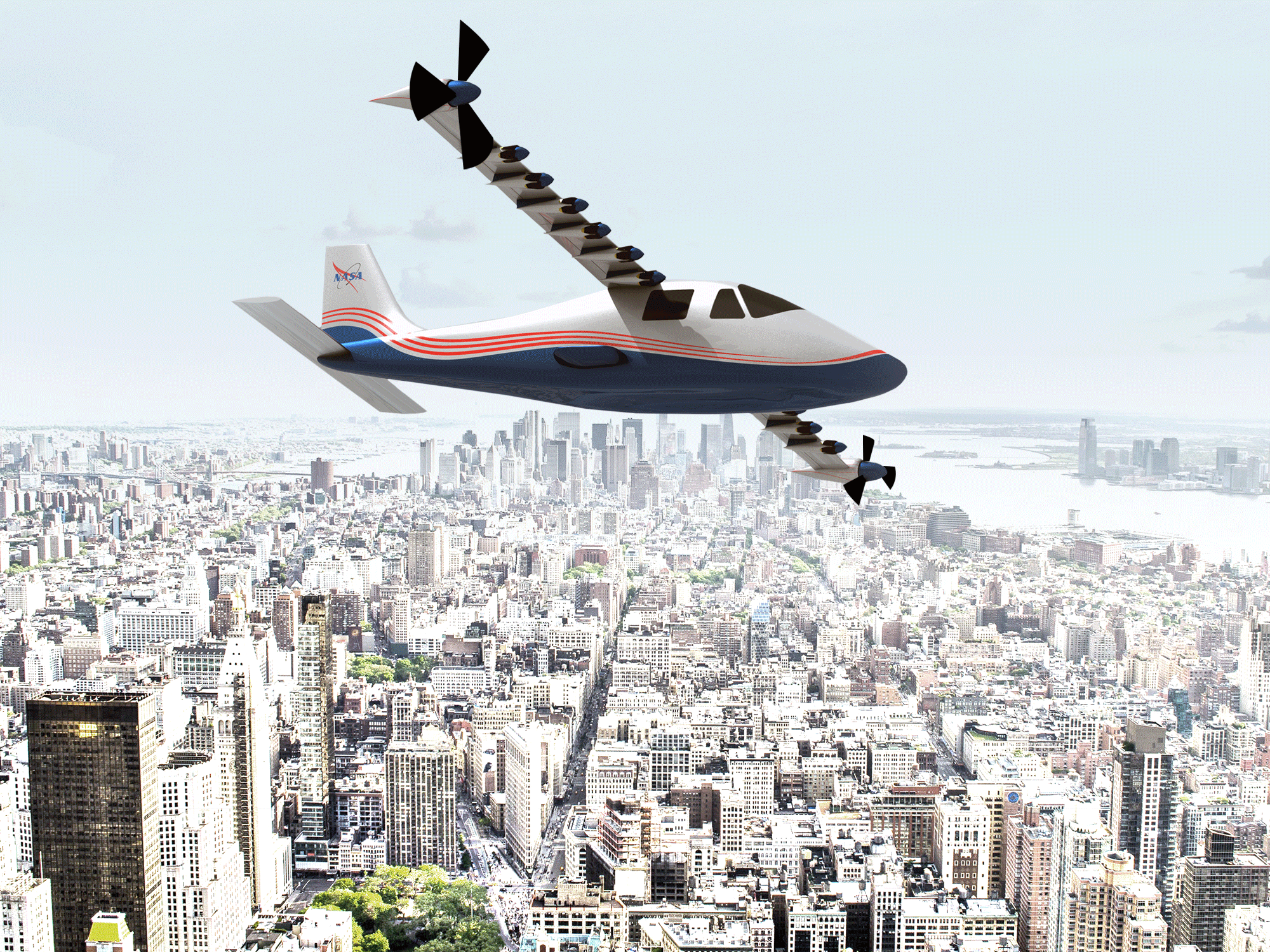 Animation of an Artist concept X-57 in flight over a cityscape. 