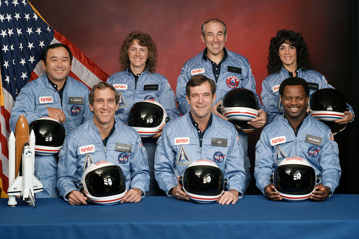 STS-51L Crew (l-r): Mission Specialist Ellison S. Onizuka, Pilot Michael J. Smith, Payload Specialist Christa McAuliffe, Commander Francis R. “Dick” Scobee, Payload Specialist Gregory B. Jarvis, Mission Specialist Judith A. Resnik,  Mission Specialist Ronald E. McNair