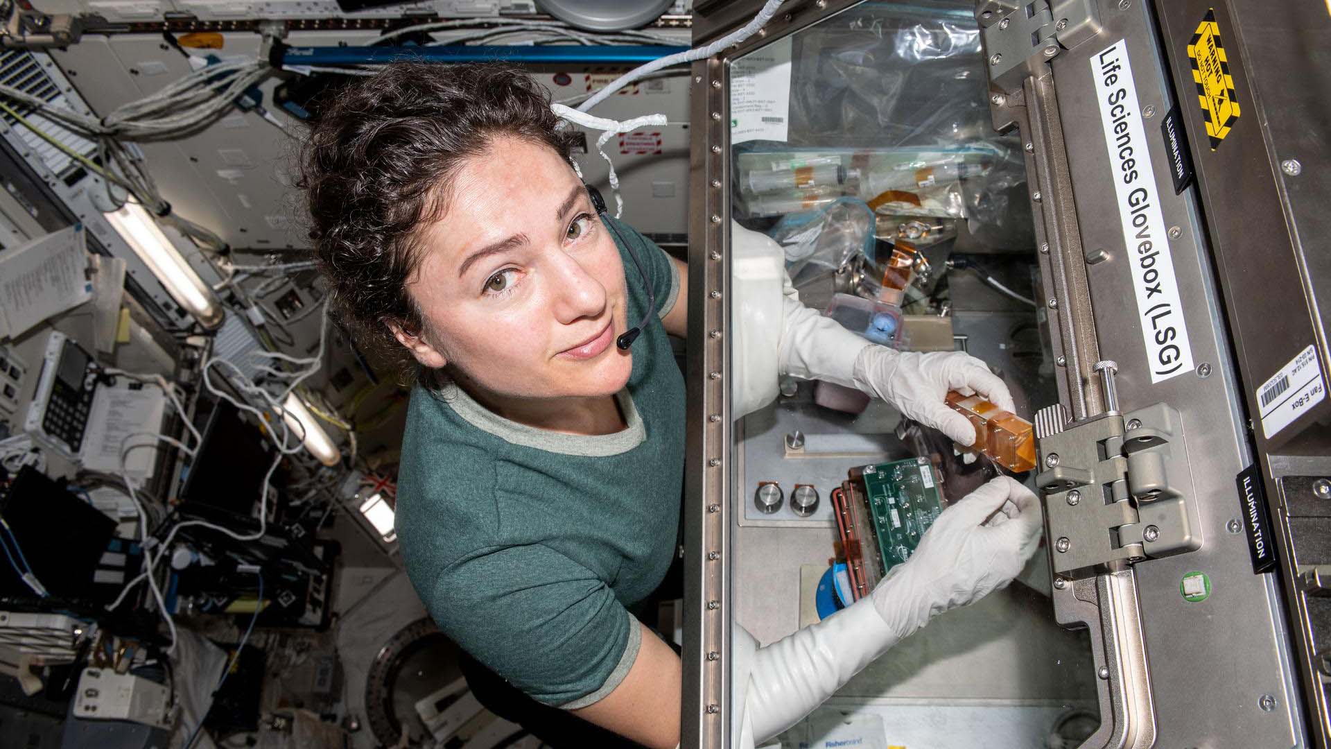 NASA astronaut Jessica Meir working on the International Space Station